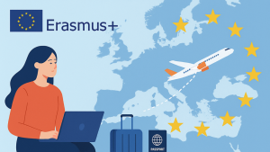 Ilustración sobre Erasmus+: persona joven con portátil, maleta y pasaporte, junto a un mapa de Europa con estrellas de la UE y un avión despegando, representando movilidad internacional para estudiantes.