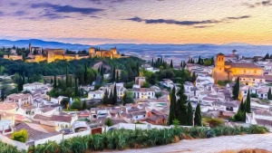 Pintura de una vista panorámica de Granada